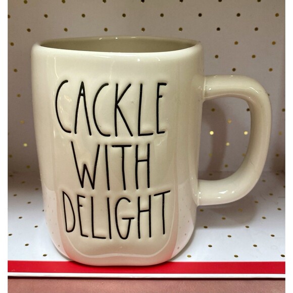 Rae Dunn CACKLE WITH DELIGHT White Coffee Mug Double Sided Witch Hat Halloween - Picture 1 of 10